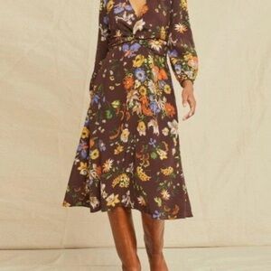 NWT Amour Vert Silk Brown Floral Midi Dress M